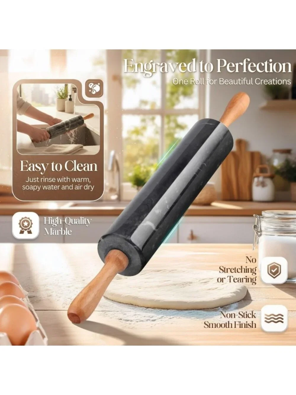 10-Inch Marble Rolling Pin with Wooden Handles & Cradle Stand for Baking Pastry